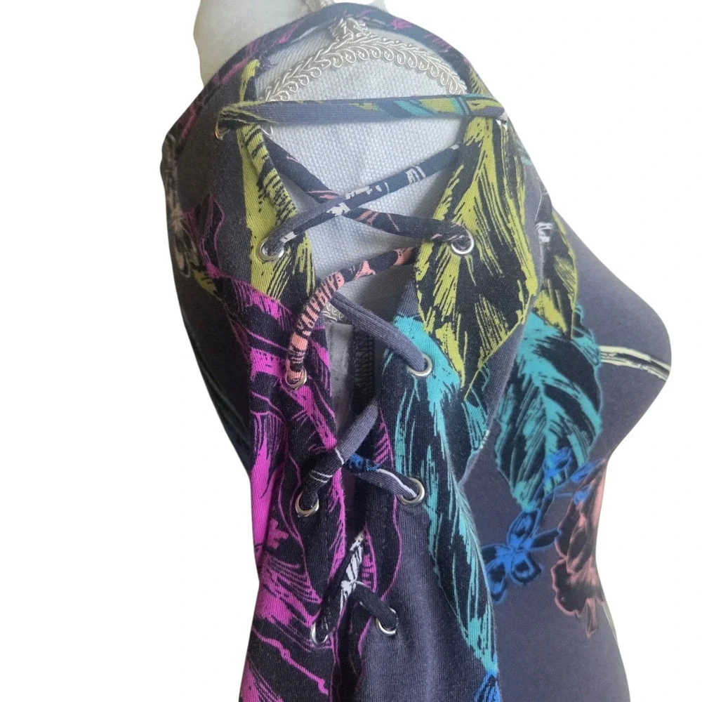 GUESS Y2K Dark Floral Lace Up Whimsigoth Long Sleeve Top Mystical Fairycore‎ - Picture 5 of 11